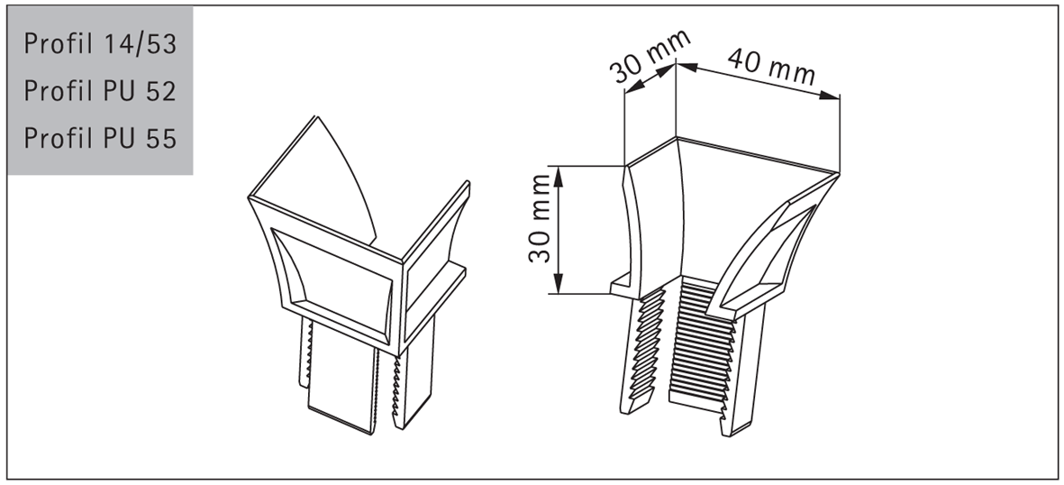 Einlauftrichter für KUFührungsschiene für Maxiprofile - Nut 16,0 mm - schwarz -Ausführungen: rechts und links