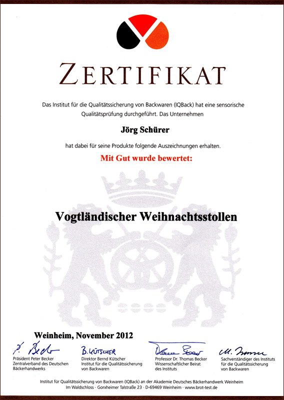 Zertifikat Gut für Vogtländischer Weihnachtsstollen