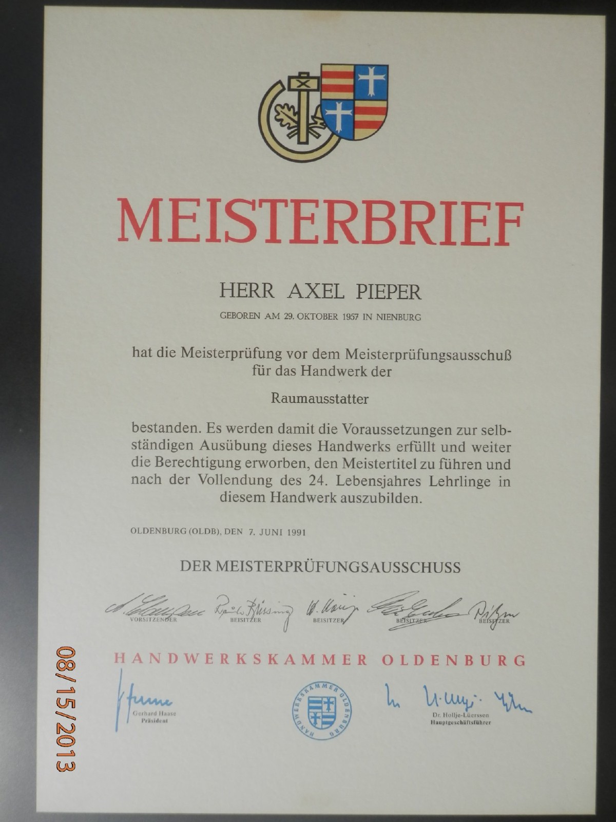 Meisterbrief von Axel Pieper